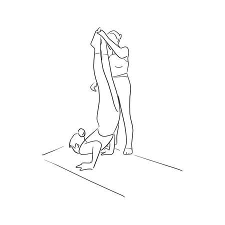 fitness woman doing yoga with her instructor in room vector illustration with black lines isolated on white background.のイラスト素材