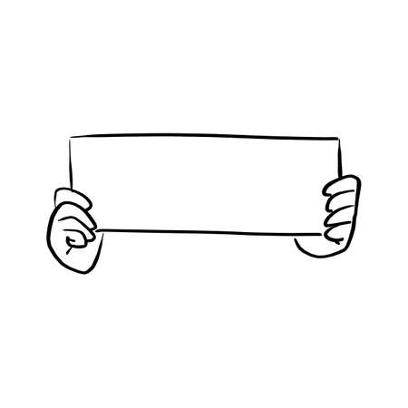 hand holding blank paper sign vector illustration sketch doodle hand drawn with black lines isolated on white backgroundのイラスト素材