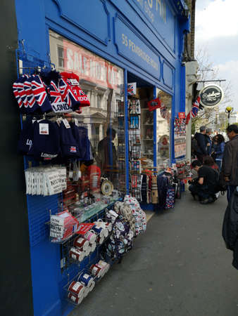 LONDON, UNITED KINGDOM - MARCH 30, 2019 : various souvenir sold at Portobello Market in Notting Hill on March 30, 2019 in London, United Kingdom.のeditorial素材