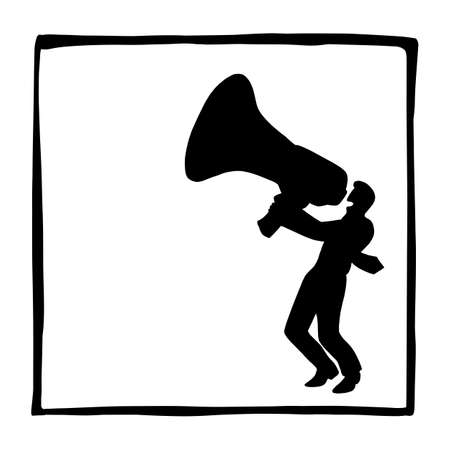 silhouette businessman with a big megaphone vector illustration sketch doodle hand drawn isolated on white square frame background. Business concept.のイラスト素材