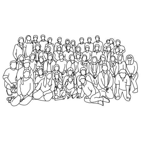 group of people together vector illustration sketch doodle hand drawn with black lines isolated on white background. Teamwork.のイラスト素材