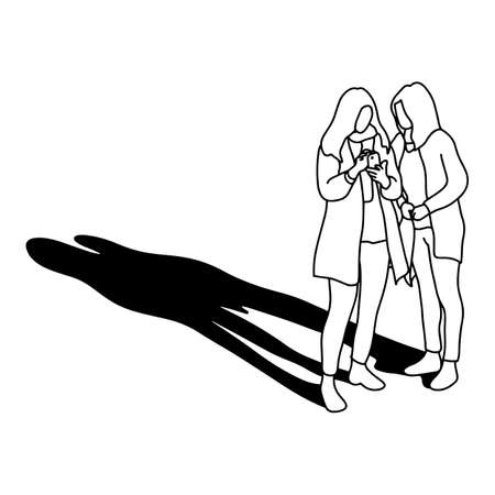 two woman using mobile phone with long shadow vector illustration with black lines isolated on white backgroundのイラスト素材