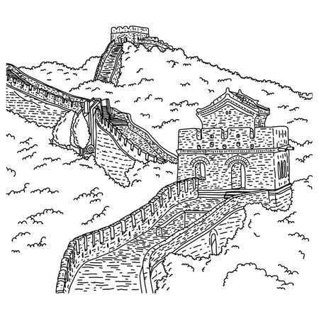 Great wall of china vector illustration sketch doodle hand drawn with black lines isolated on white backgroundのイラスト素材