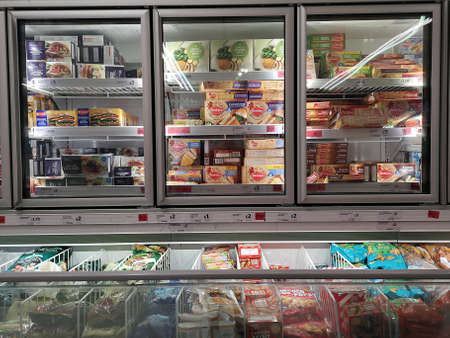 LONDON, UK - OCTOBER 7 : Frozen foods on shelves in a supermarket on October 7, 2019 in London, UK.のeditorial素材