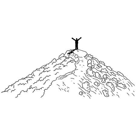 silhouette of man hand up on top of the mountain vector illustration sketch doodle hand drawn with black lines isolated on white backgroundのイラスト素材