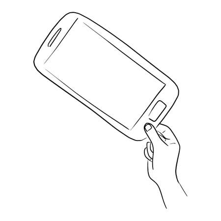hand holding mobile phone with thumb and pointing finger vector illustration sketch doodle hand drawn with black lines isolated on white backgroundのイラスト素材