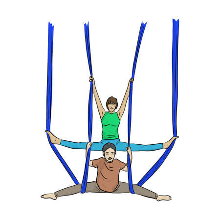woman and daughter doing anti-gravity yoga exercises in hammocks vector illustration sketch doodle hand drawn isolated on white backgroundのイラスト素材