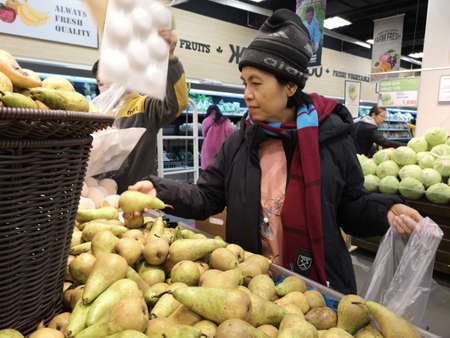 ULAANBAATAR, MONGOLIA - JANUARY 18 : unidentified Mongolian woman choosing pear fruit in E-mart supermarket on January 18, 2020 in Ulaanbaatar, Mongolia.のeditorial素材