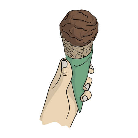 close-up left hand holding cone chocolate icecream vector illustration sketch doodle hand drawn isolated on white backgroundのイラスト素材