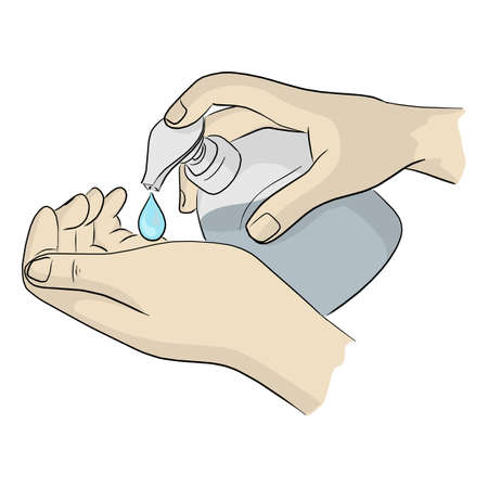 hands of woman using hand sanitizer gel pump dispenser to protect Covid-19 virus vector illustration sketch doodle hand drawn isolated on white backgroundのイラスト素材