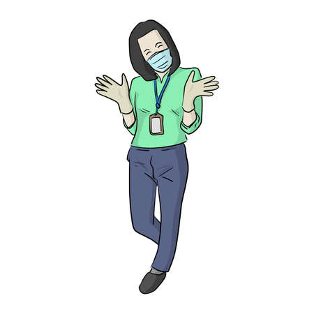 female officer wearing gloves and medical mask vector illustration sketch doodle hand drawn isolated on white backgroundのイラスト素材
