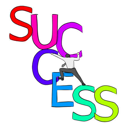 businessman climbing on colorful big SUCCESS vector illustration sketch doodle hand drawn isolated on white backgroundのイラスト素材