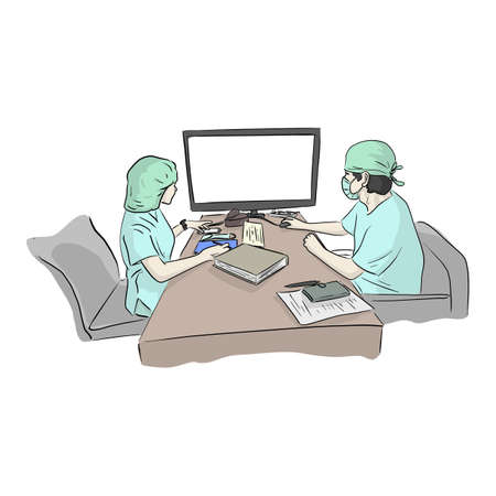 two doctors team working at computer desk in hospital in case of Covid-19 virus vector illustration sketch doodle hand drawn isolated on white background. Copyspace.のイラスト素材