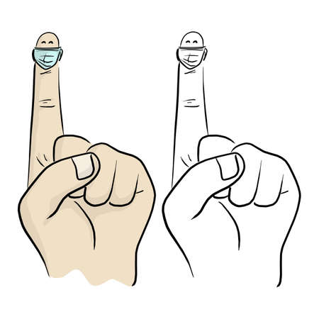 close-up hand with surgical mask on pointing finger vector illustration sketch doodle hand drawn isolated on white backgroundのイラスト素材