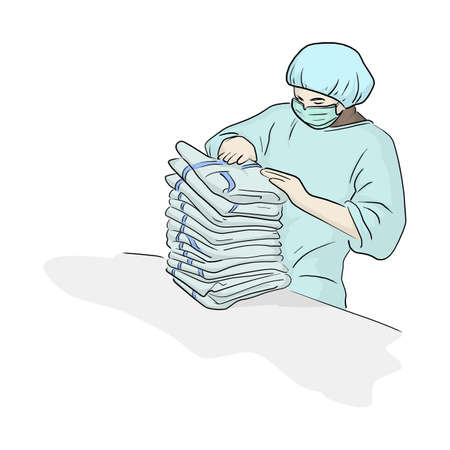 worker in PPE suit arranging textile product vector illustration sketch doodle hand drawn isolated on white backgroundのイラスト素材