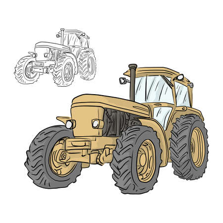 retro yellow tractor vector illustration sketch doodle hand drawn isolated on white backgroundのイラスト素材