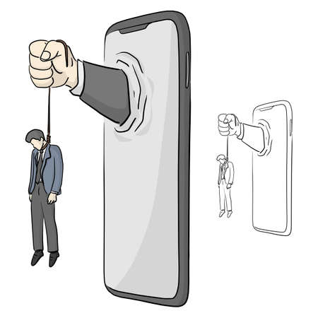 businessman killed by big hand in smartphone vector illustration sketch doodle hand drawn with black lines isolated on white backgroundのイラスト素材