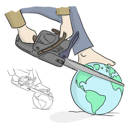 close-up cut the planet earth with chainsaw vector illustration sketch doodle hand drawn with black lines isolated on white background. Ecology concept.のイラスト素材