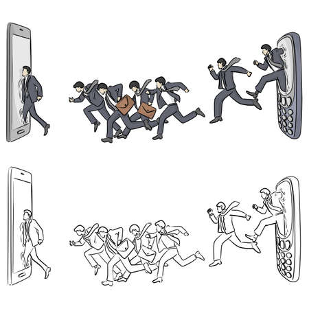 businessman running from old mobile phone to smartphone vector illustration sketch doodle hand drawn with black lines isolated on white background. Business and technology concept.のイラスト素材