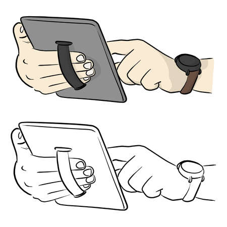 hand holding tablet PC with elastic finger strap vector illustration sketch doodle hand drawn with...