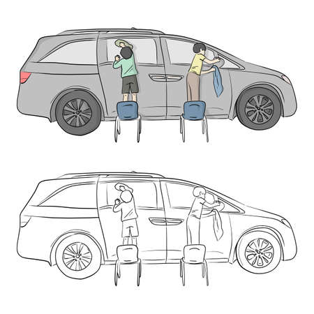 two small boys washing car with sponge and cloth vector illustration sketch doodle hand drawn with black lines isolated on white backgroundのイラスト素材