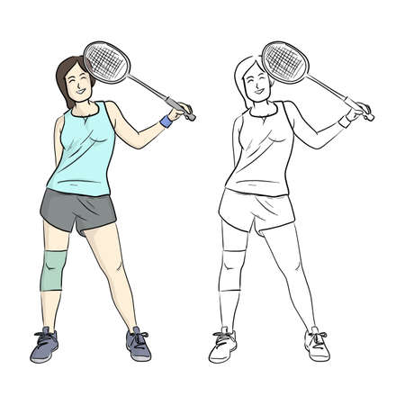 smiling sport woman holding badminton racket on her hand vector illustration sketch doodle hand drawn with black lines isolated on white backgroundのイラスト素材