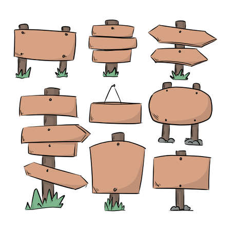 set of color wooden signboards vector illustration sketch doodle hand drawn with black lines isolated on white backgroundのイラスト素材