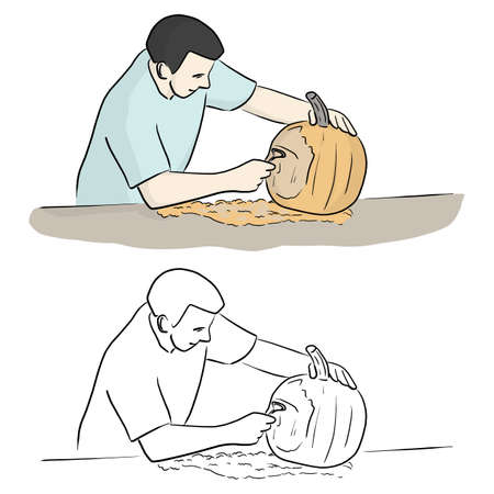 man carving pumpkin for Halloween on table vector illustration sketch doodle hand drawn with black lines isolated on white backgroundのイラスト素材