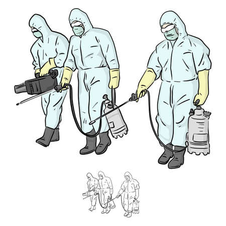 three specialists in protective suit spraying disinfectant to cleaning and disinfect virus, Covid-19, Coronavirus, preventive measureのイラスト素材