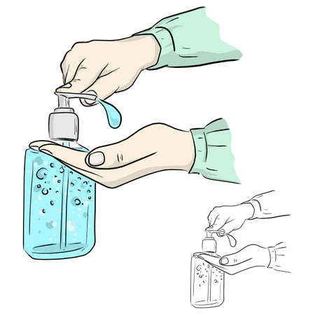 Hand sanitizer alcohol gel rub clean hands hygiene prevention of Covid-19 virus outbreak vector illustration sketch doodle hand drawn with black lines isolated on white backgroundのイラスト素材