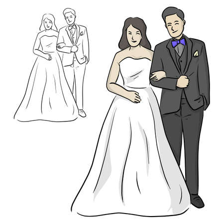 Full length portrait of a smiling beautiful bride and a groom by her side vector illustration sketch doodle hand drawn with black lines isolated on white backgroundのイラスト素材