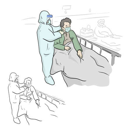 Doctor wearing PPE suit and Surgical mask and checking infected patient in Covid-19  quarantine room vector illustration sketch doodle hand drawn with black lines isolated on white backgroundのイラスト素材