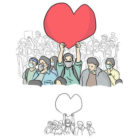 male activist holding big red heart sign over his head vector illustration sketch doodle hand drawn with black lines isolated on white backgroundのイラスト素材