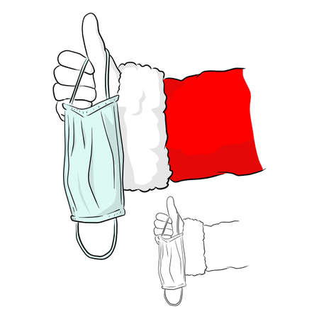 hand of Santa Claus with thump up sign holding medical mask to prevent Covid-19 virus vector illustration sketch doodle hand drawn with black lines isolated on white backgroundのイラスト素材