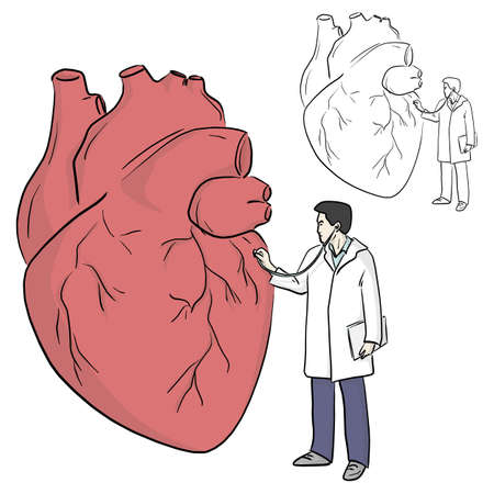 doctor using stethoscope to diagnose big heart vector illustration sketch doodle hand drawn with black lines isolated on white background. health concept.のイラスト素材
