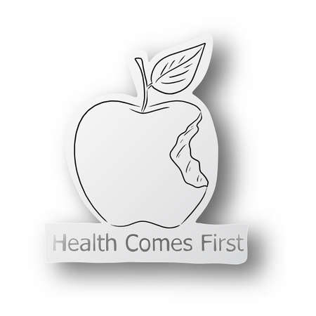 black line hand drawn of bitten apple on cut paper with shadow and word Health Comes First isolated on white backgroundのイラスト素材