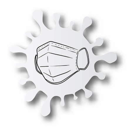 black line hand drawn of surgical mask on cut paper in the shape of Covid-19 virus with shadow isolated on white backgroundのイラスト素材