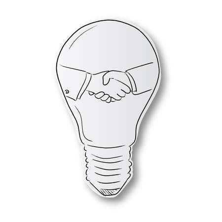 black line hand drawn of close-up handshake of businessman in light bulb on cut paper with shadow isolated on white backgroundのイラスト素材