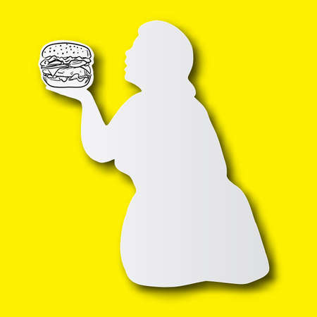 black line hand drawn of hamburger on fat woman shape cut paper with shadow isolated on yellow background. Unhealthy food concept.のイラスト素材
