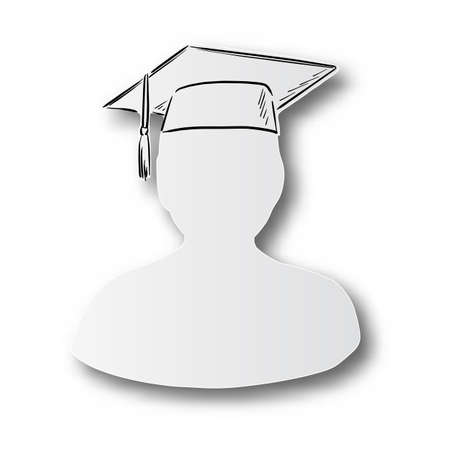black line hand drawn of graduate cap with tassel on human shape cut paper with shadow isolated on white background. Education concept.のイラスト素材