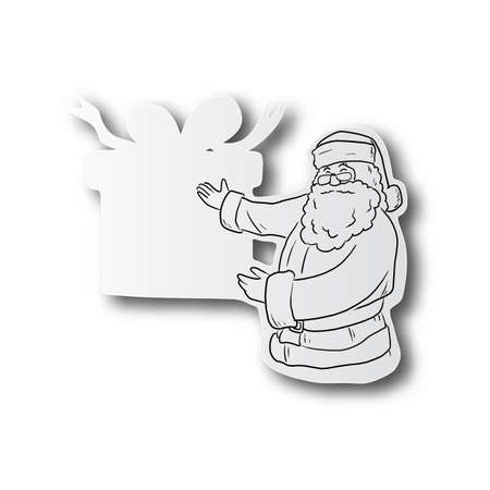 black line hand drawn of Santa claus presenting blank gift box on cut paper with shadow isolated on white background. Copy space.のイラスト素材