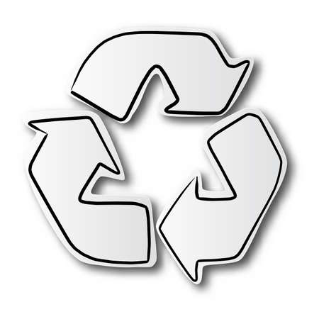 black line hand drawn of recycle sign on cut paper with shadow isolated on white backgroundのイラスト素材
