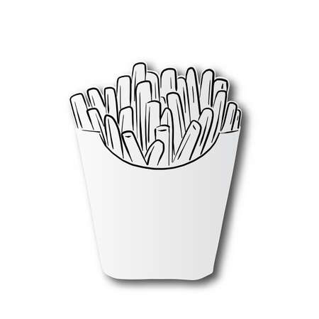 black line hand drawn of French fries on carton package box cut paper with shadow isolated on white backgroundのイラスト素材