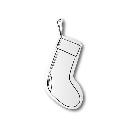 black line hand drawn of Christmas sock on cut paper with shadow isolated on white backgroundのイラスト素材