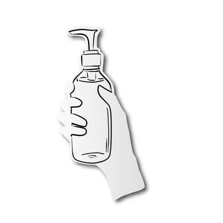 black line hand drawn of hand holding alcohol gel for cleaning on cut paper with shadow isolated on white backgroundのイラスト素材