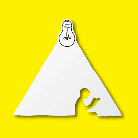 black line hand drawn of light bulb and boy reading on cut paper with shadow isolated on yellow backgroundのイラスト素材