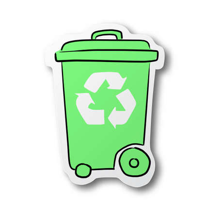 Vector illustration black line hand drawn of green recycle bin and sign on cut paper with shadow...