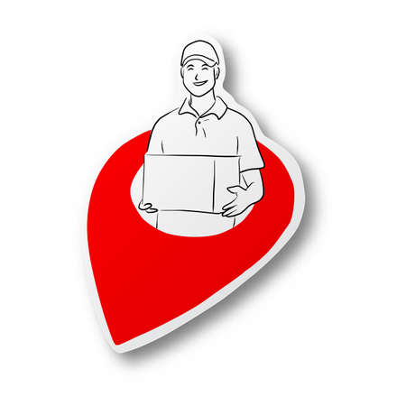 black line hand drawn of smiling delivery man holding box in red location icon on cut paper with shadow isolated on white backgroundのイラスト素材