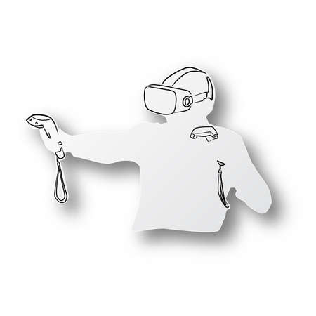 Vector black line hand drawn of virtual reality headset on human shape cut paper with shadow isolated on white backgroundのイラスト素材