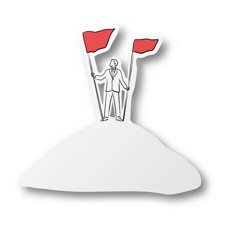 Vector illustration black line hand drawn of businessman and two red flag at top of mountain on cut...